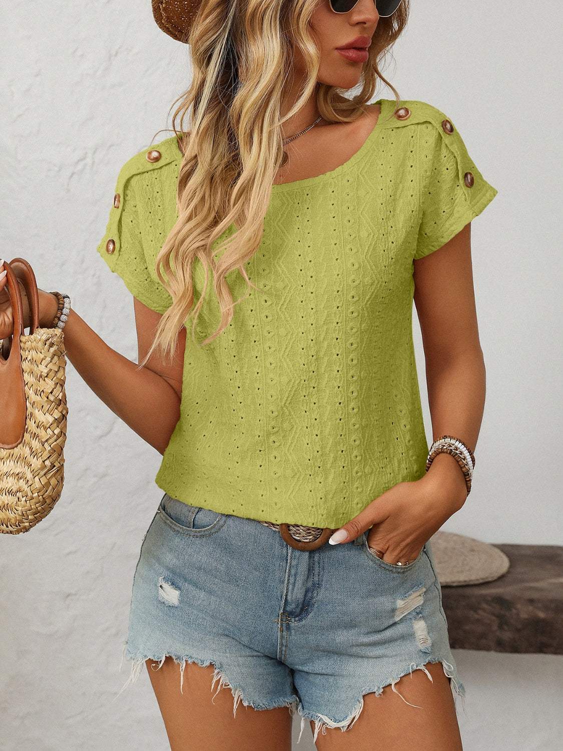 Mandy Eyelet Round Neck Short Sleeve Top - Trendsi - Flyclothing LLC