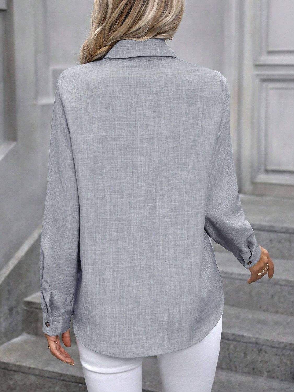 Button Up Collared Neck Long Sleeve Shirt - Trendsi - Flyclothing LLC