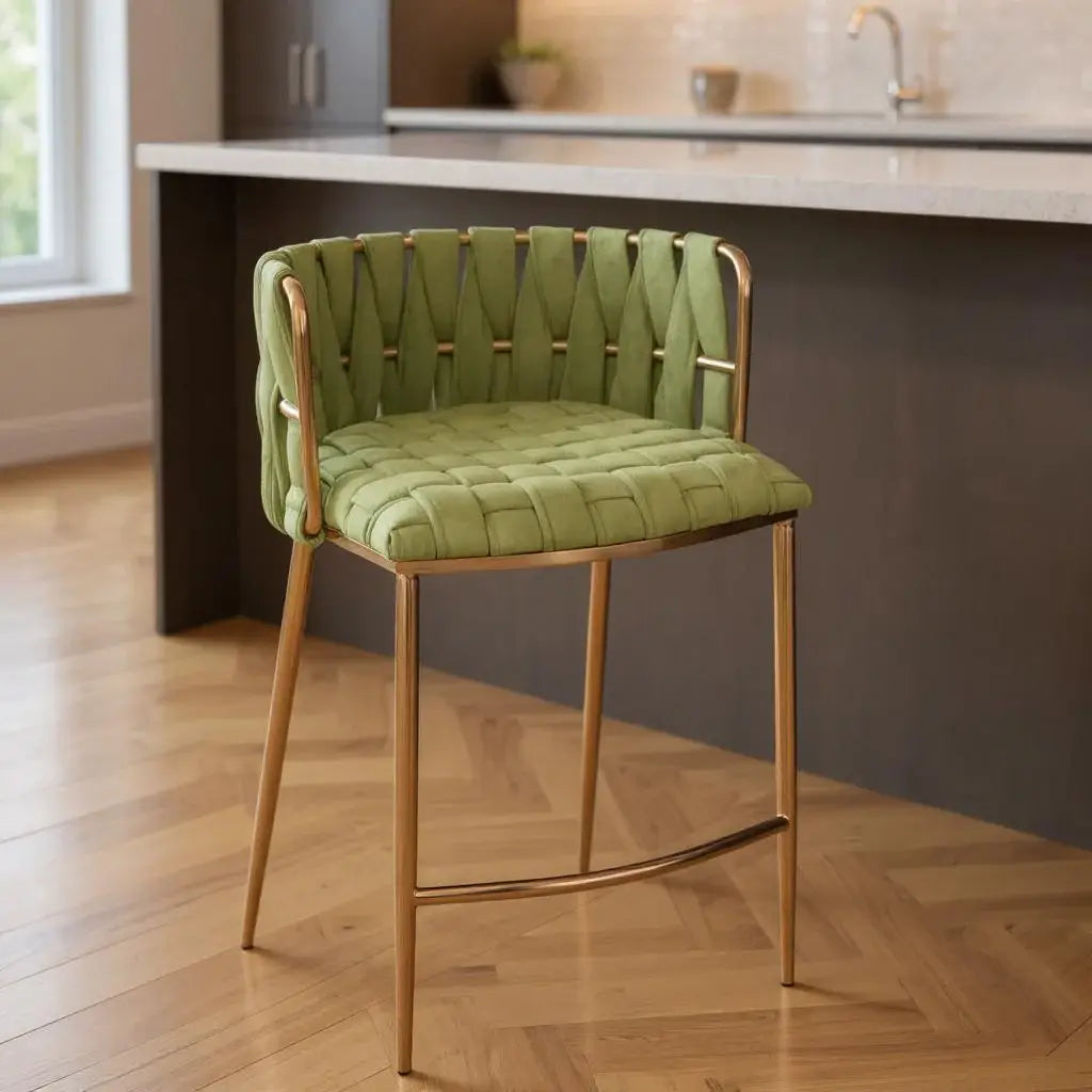 27" Green and Gold Velvet and Steel Low Back Counter Height Bar Chair - Homeroots - Flyclothing LLC