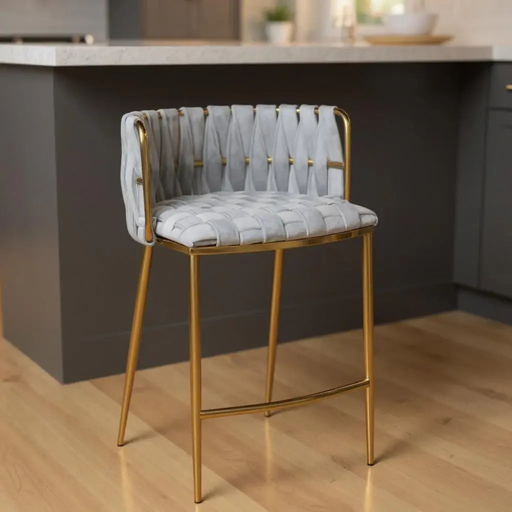 27" Gray and Gold Velvet and Steel Low Back Counter Height Bar Chair - Homeroots - Flyclothing LLC