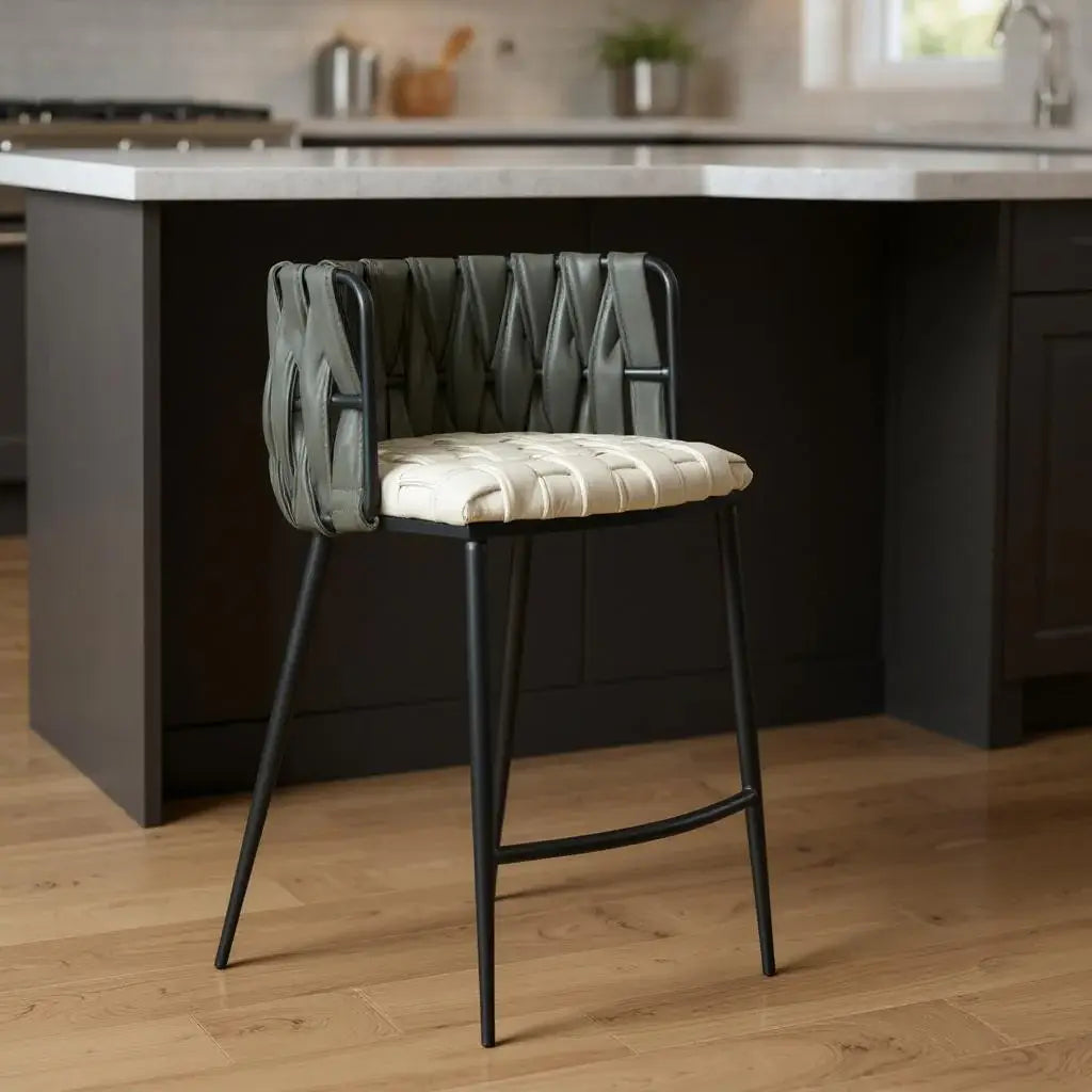 27" Gray White and Black Faux Leather and Metal Low Back Counter Height Bar Chair - Homeroots - Flyclothing LLC