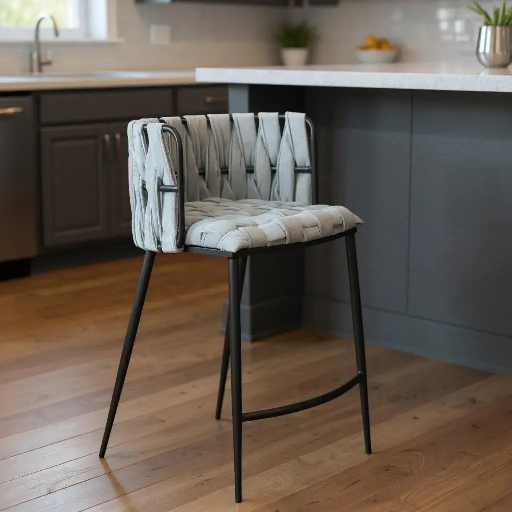 27" Gray and Black Velvet and Steel Low Back Counter Height Bar Chair - Homeroots - Flyclothing LLC