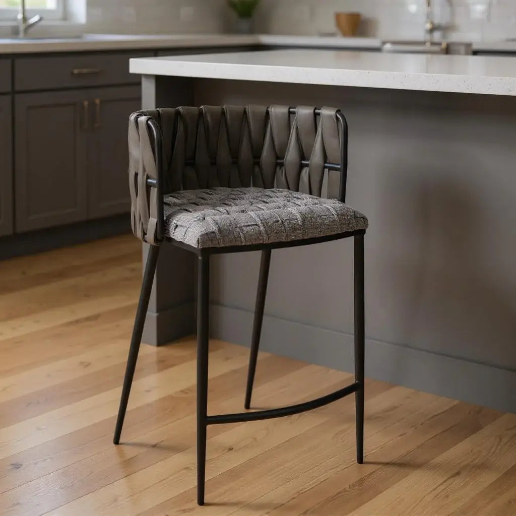 27" Gray and Black Fabric Faux Leather and Metal Low Back Counter Height Bar Chair - Homeroots - Flyclothing LLC