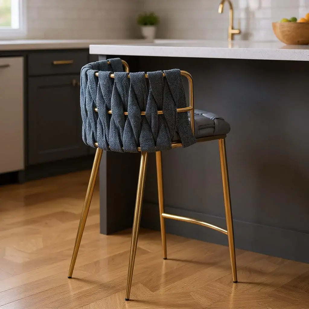 27" Blue and Gold Faux Leather Linen and Steel Low Back Counter Height Bar Chair - Homeroots - Flyclothing LLC