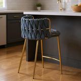 27" Blue and Gold Faux Leather Linen and Steel Low Back Counter Height Bar Chair - Homeroots - Flyclothing LLC