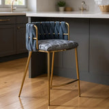 27" Blue and Gold Faux Leather Linen and Steel Low Back Counter Height Bar Chair - Homeroots - Flyclothing LLC