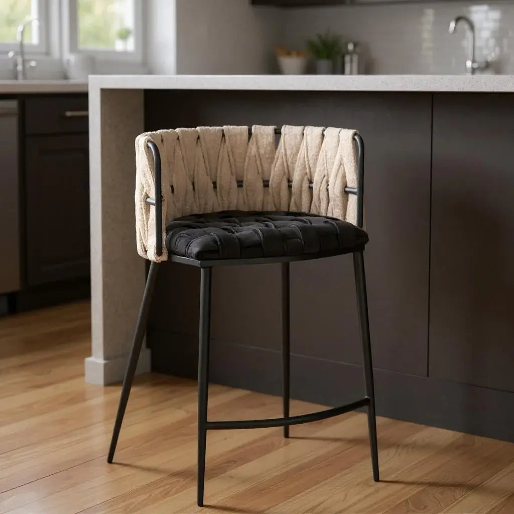 27" Black and White Velvet Boucle and Metal Low Back Counter Height Bar Chair - Homeroots - Flyclothing LLC