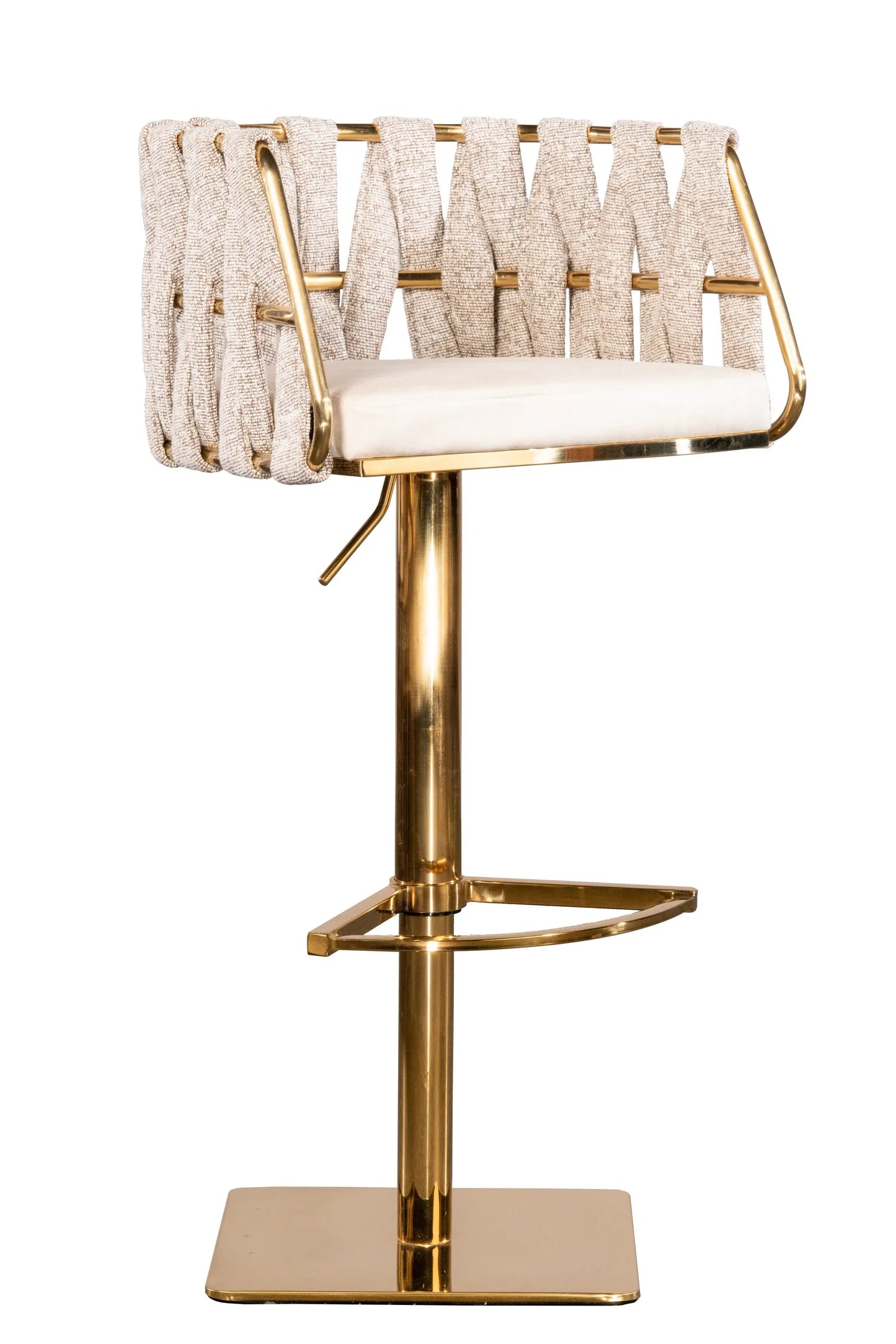 Off White and Gold Faux Leather Linen and Steel Low Back Adjustable Height Swivel Bar Chair - Homeroots - Flyclothing LLC