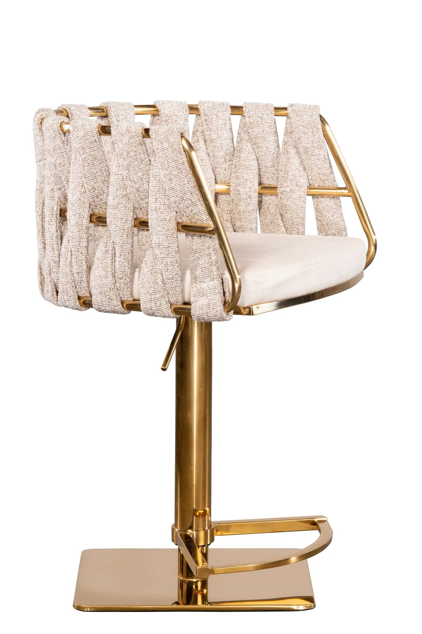 Off White and Gold Faux Leather Linen and Steel Low Back Adjustable Height Swivel Bar Chair - Homeroots - Flyclothing LLC