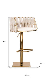Off White and Gold Faux Leather Linen and Steel Low Back Adjustable Height Swivel Bar Chair - Homeroots - Flyclothing LLC