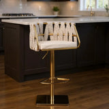 Off White and Gold Faux Leather Linen and Steel Low Back Adjustable Height Swivel Bar Chair - Homeroots - Flyclothing LLC