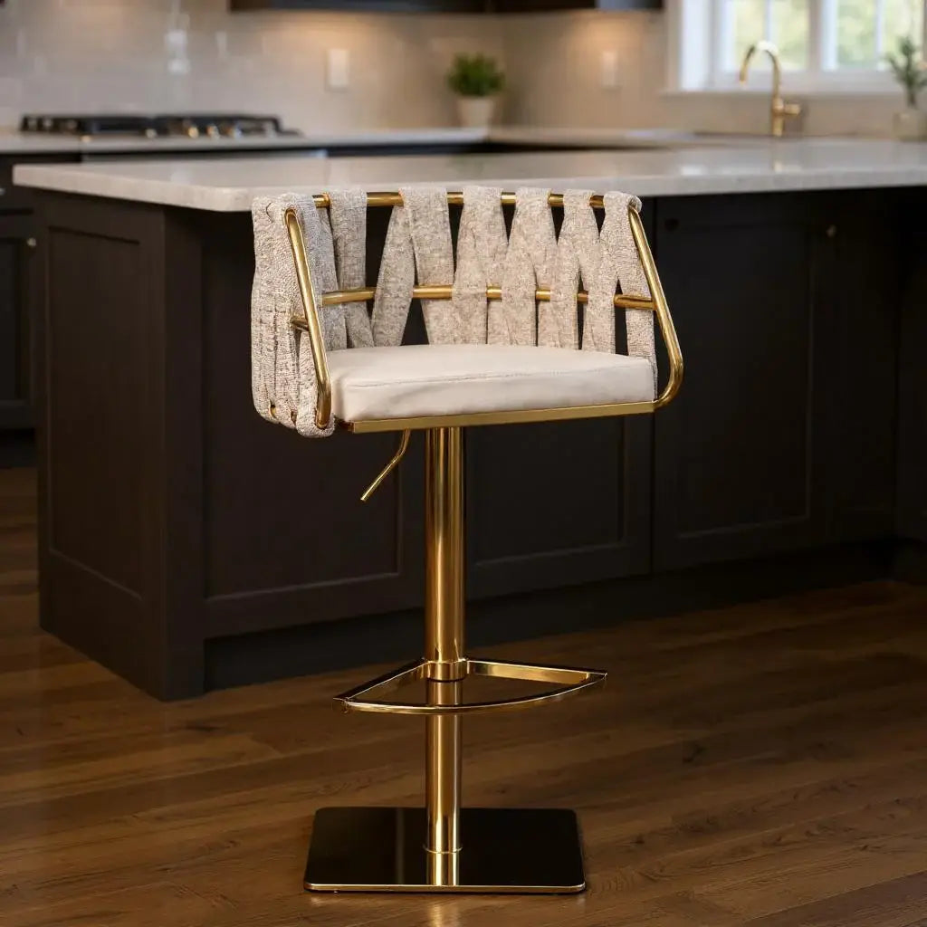 Off White and Gold Faux Leather Linen and Steel Low Back Adjustable Height Swivel Bar Chair - Homeroots - Flyclothing LLC
