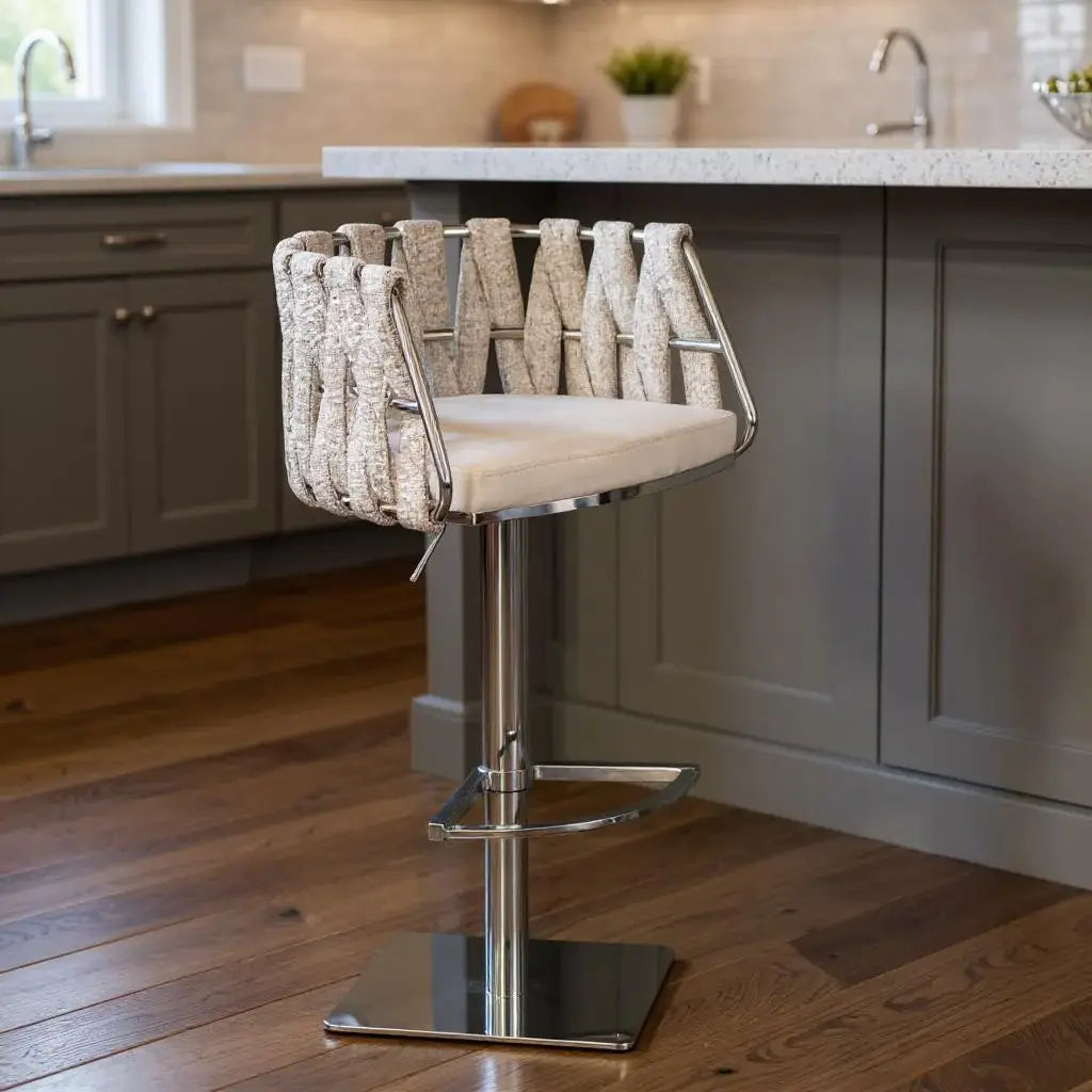 Off White and Silver Faux Leather Linen and Steel Low Back Adjustable Height Swivel Bar Chair - Homeroots - Flyclothing LLC