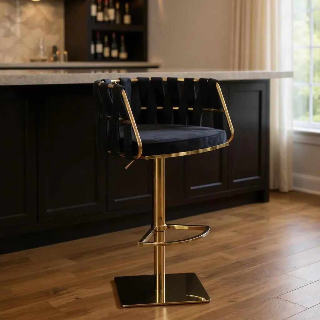 Black and Gold Velvet and Steel Low Back Adjustable Height Swivel Bar Chair - Homeroots - Flyclothing LLC