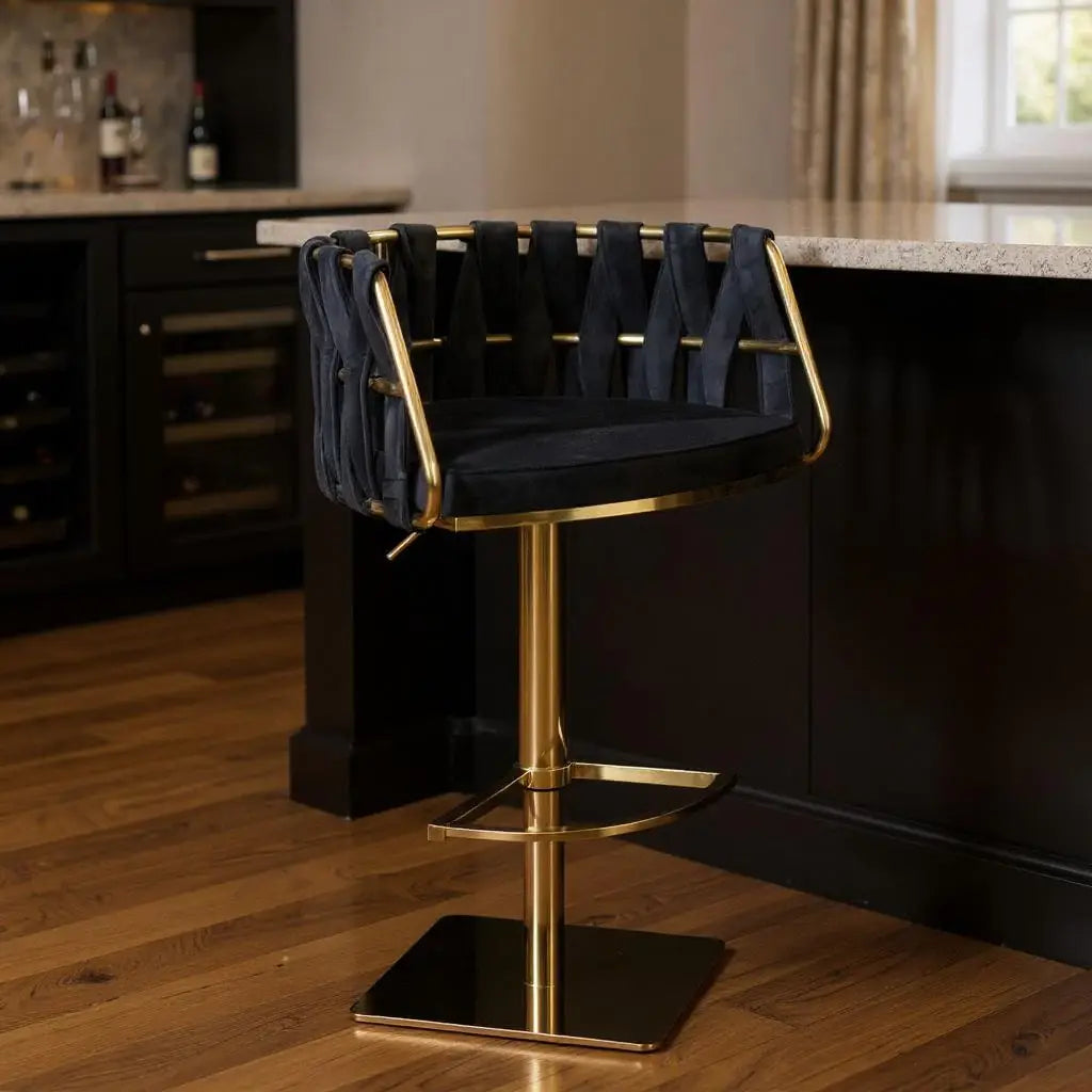 Black and Gold Velvet and Steel Low Back Adjustable Height Swivel Bar Chair - Homeroots - Flyclothing LLC