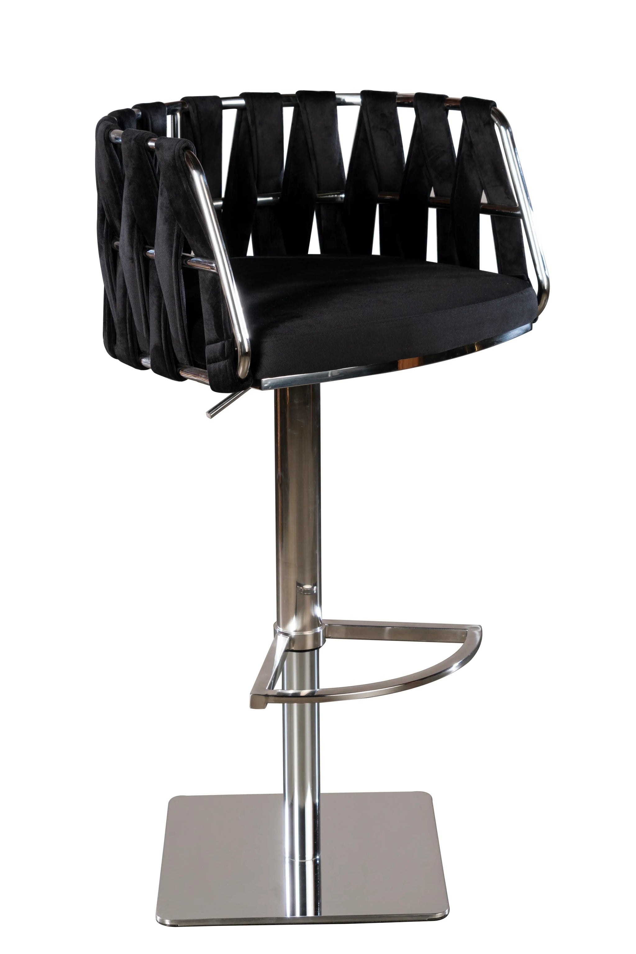 Black and Silver Velvet and Steel Low Back Adjustable Height Swivel Bar Chair - Homeroots - Flyclothing LLC