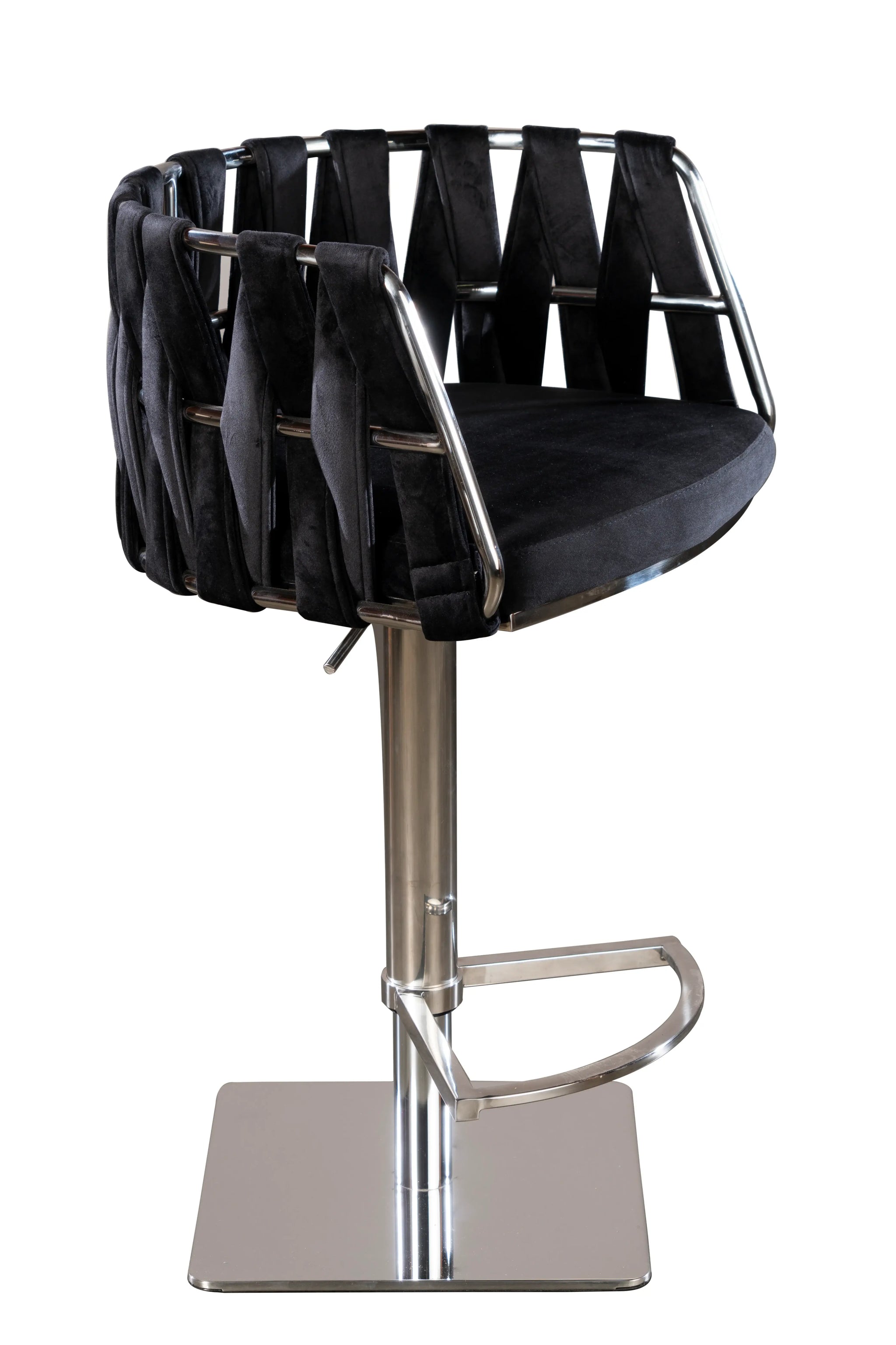 Black and Silver Velvet and Steel Low Back Adjustable Height Swivel Bar Chair - Homeroots - Flyclothing LLC