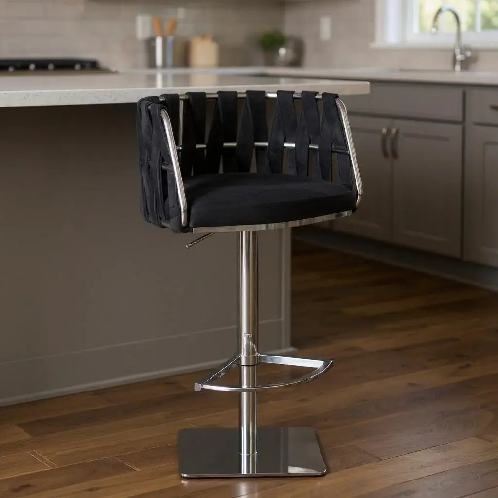 Black and Silver Velvet and Steel Low Back Adjustable Height Swivel Bar Chair - Homeroots - Flyclothing LLC