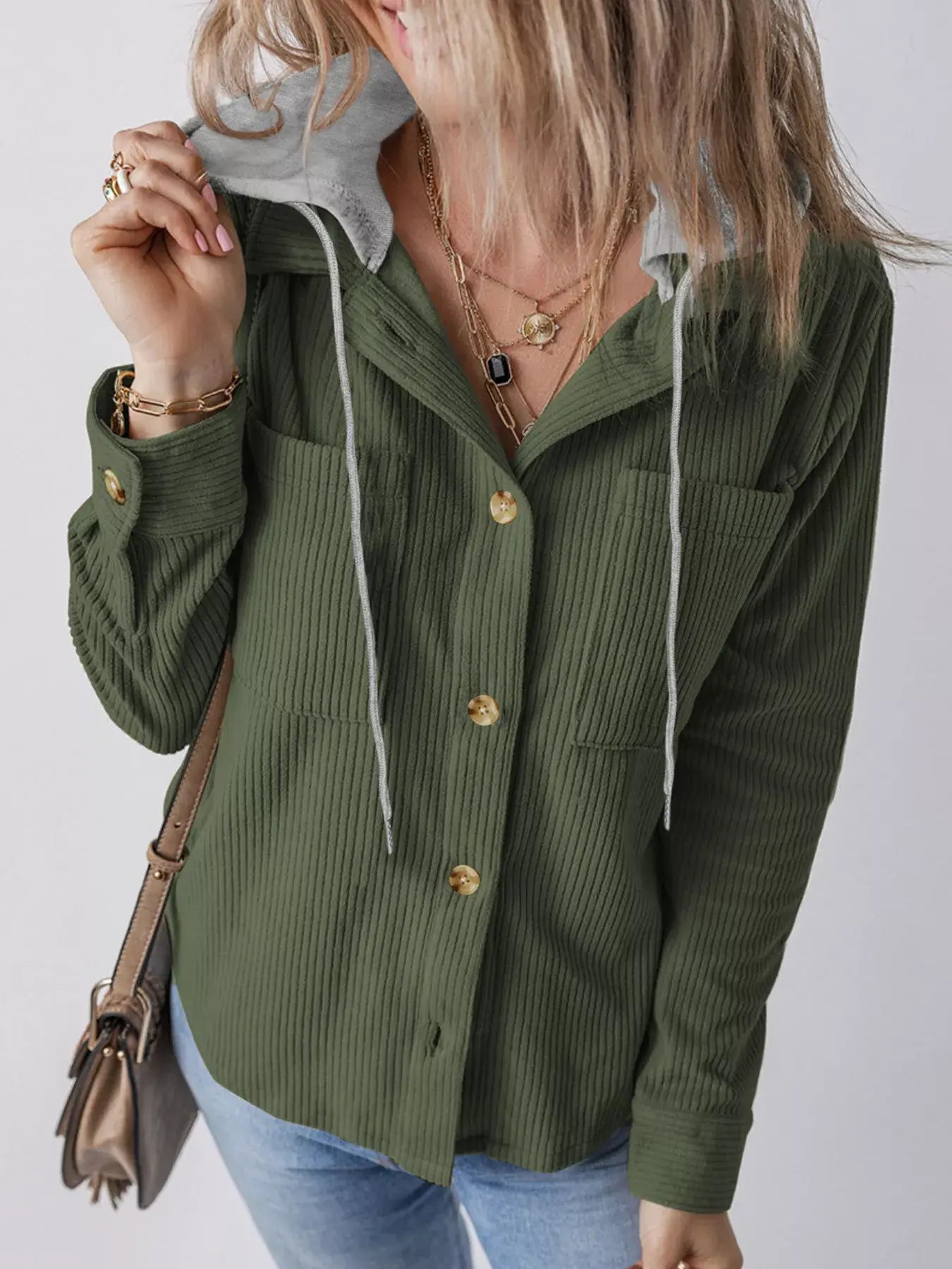 Hooded Corduroy Button-Down Jacket - Trendsi - Flyclothing LLC