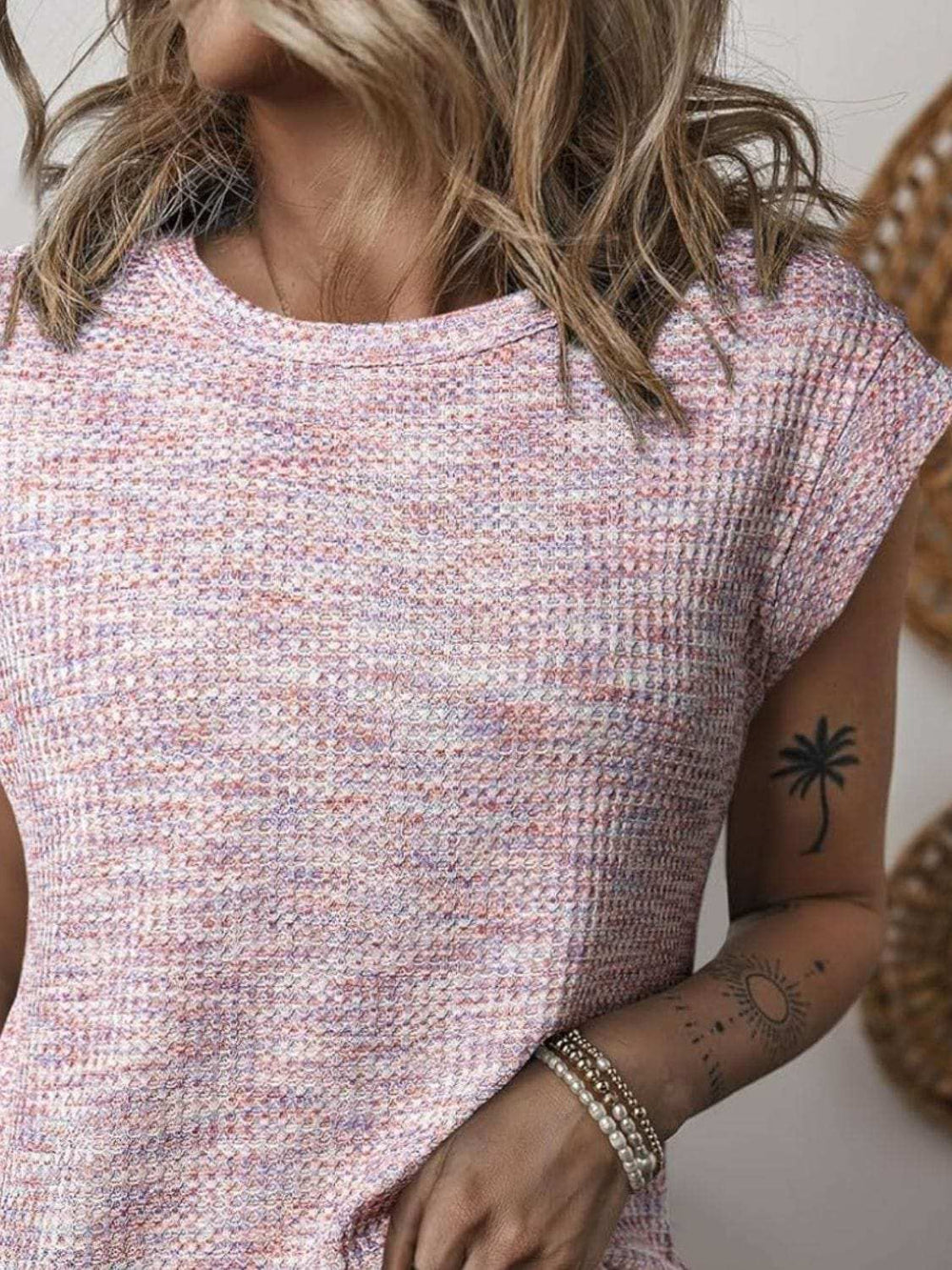 Heathered Round Neck Cap Sleeve T-Shirt - Trendsi - Flyclothing LLC