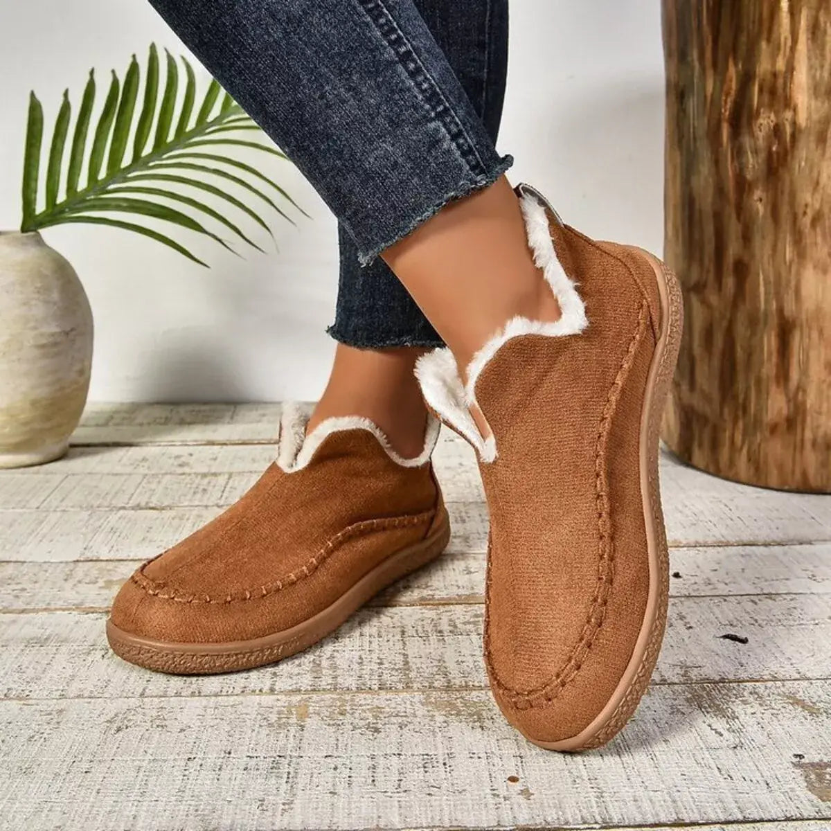 Round Toe Sherpa-Lined Slip-Ons - Trendsi - Flyclothing LLC