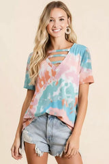 BiBi Tie-Dye V-Neck Cutout Short Sleeve T-Shirt - Trendsi - Flyclothing LLC