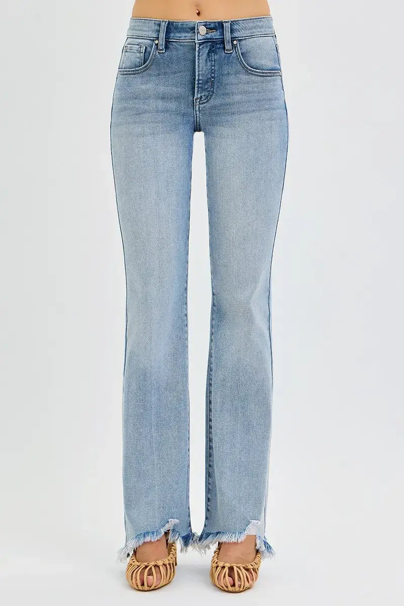 RISEN Full Size Tummy Control Mid Rise Flare Jeans with Fray Hem Detailed Plus Size - Trendsi - Flyclothing LLC