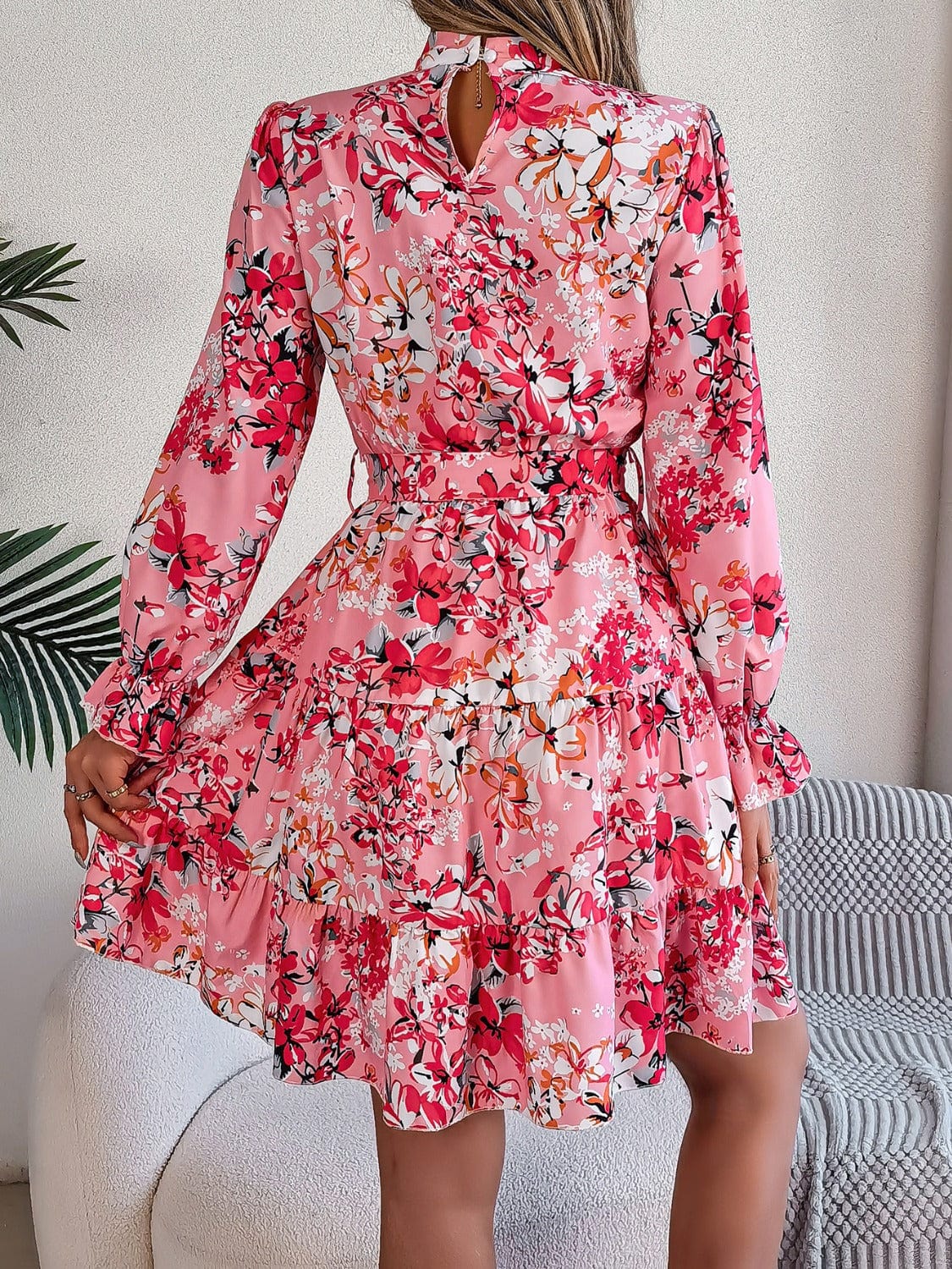Printed Mock Neck Flounce Sleeve Mini Dress - Trendsi