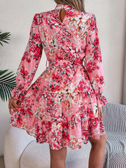 Printed Mock Neck Flounce Sleeve Mini Dress - Trendsi