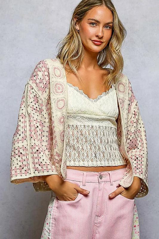POL Open Front Crochet Cardigan with Granny Square Pattern - Trendsi - Flyclothing LLC