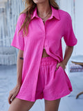 Button Up Half Sleeve Top and Shorts Set - Trendsi