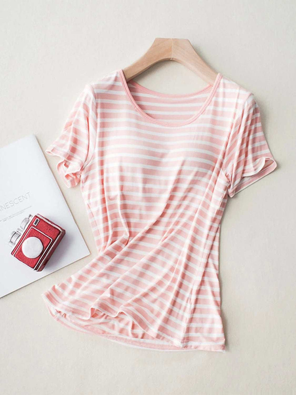 Striped Round Neck Short Sleeve T-Shirt with Bra - Trendsi - Flyclothing LLC