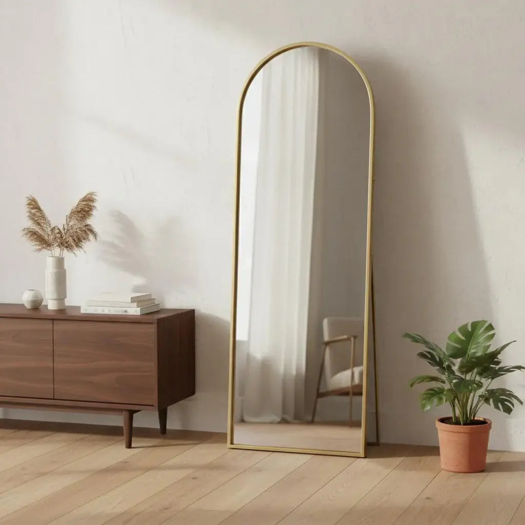 70" Gold Metal Arch Wall Mounted Leaning Or Freestanding Framed Full Length Mirror - Homeroots - Flyclothing LLC