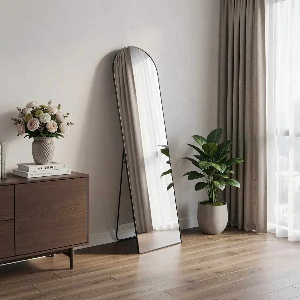 59" Black Metal Arch Wall Mounted Leaning Or Freestanding Framed Full Length Mirror - Homeroots - Flyclothing LLC