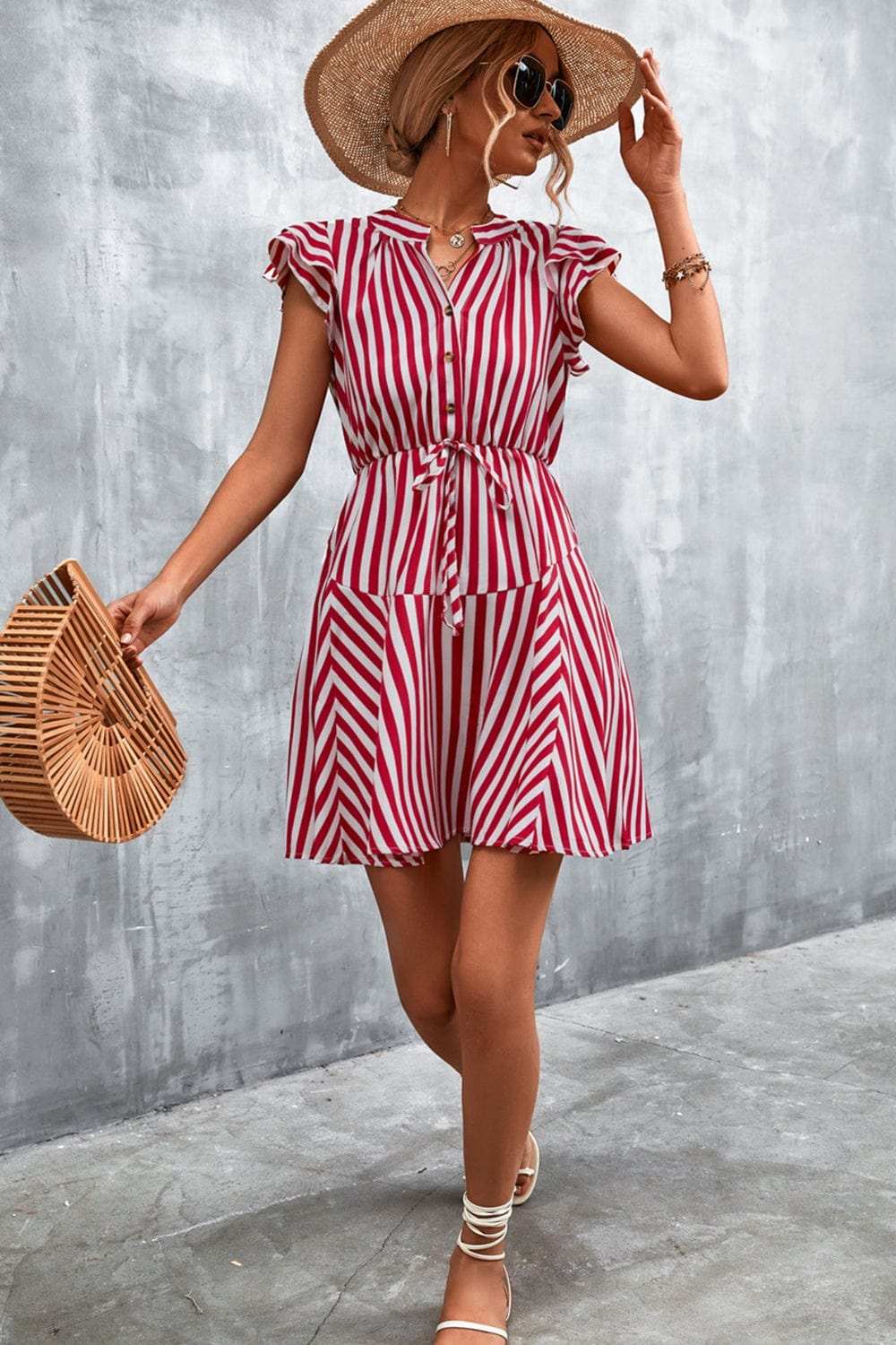 Ruffled Striped Cap Sleeve Mini Dress - Trendsi - Flyclothing LLC