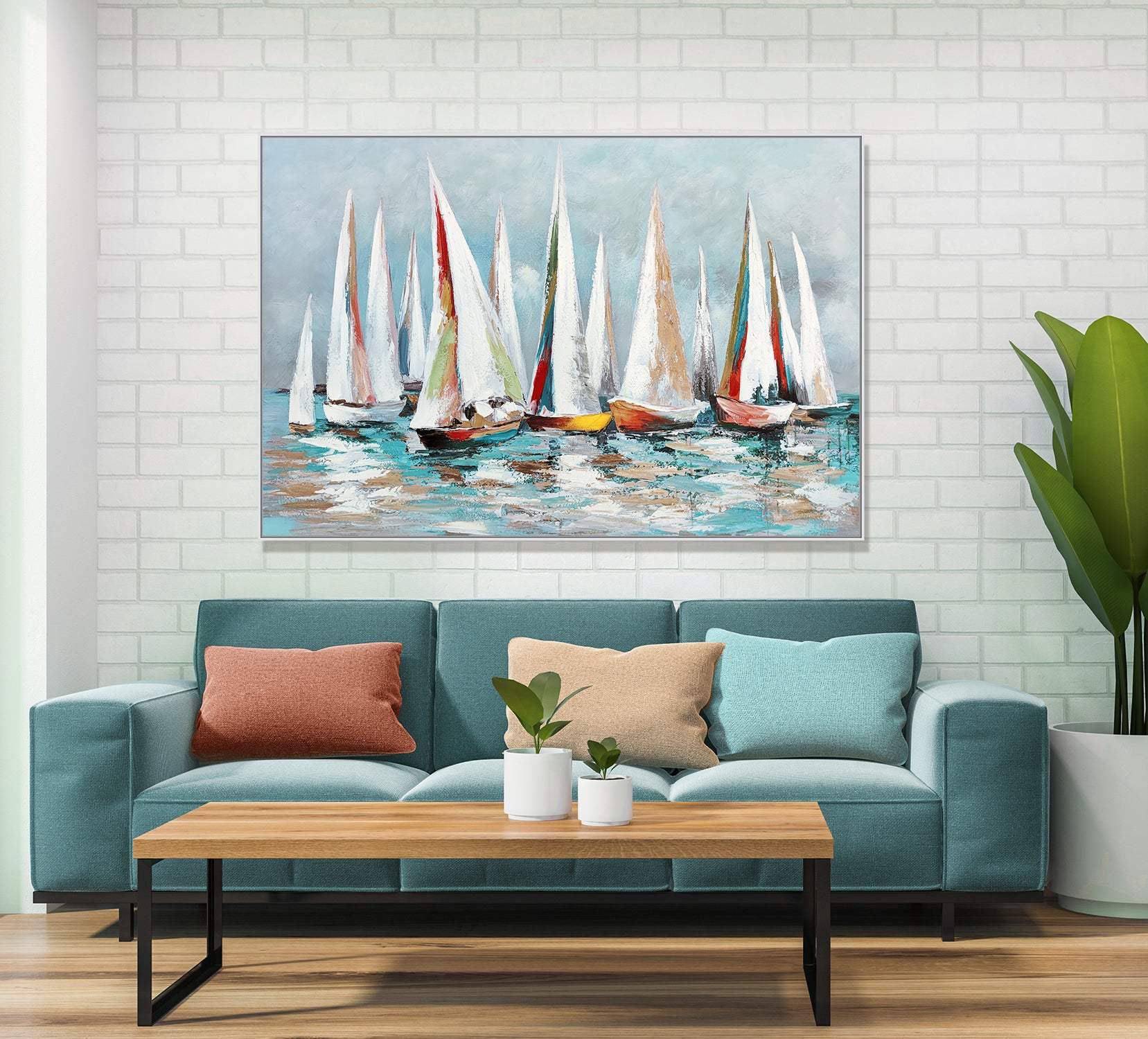 Colorful Sailboat Regatta Hand Painted White Floater Frame Wall Art - HomeRoots - Flyclothing LLC