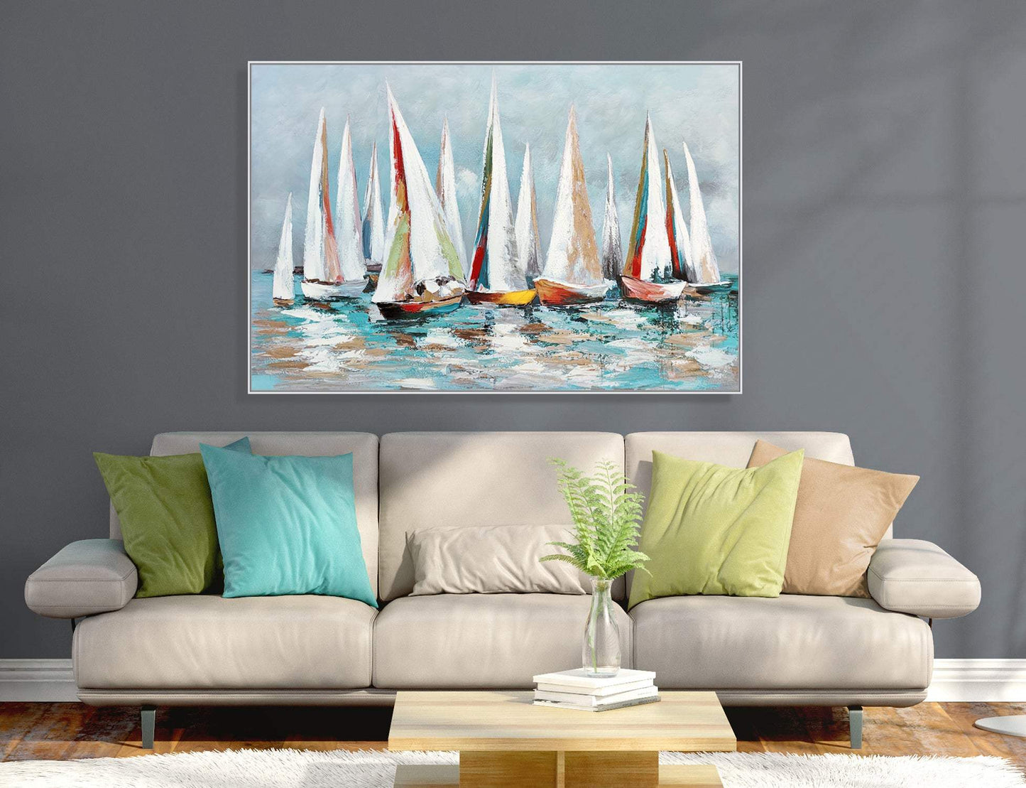 Colorful Sailboat Regatta Hand Painted White Floater Frame Wall Art - HomeRoots - Flyclothing LLC