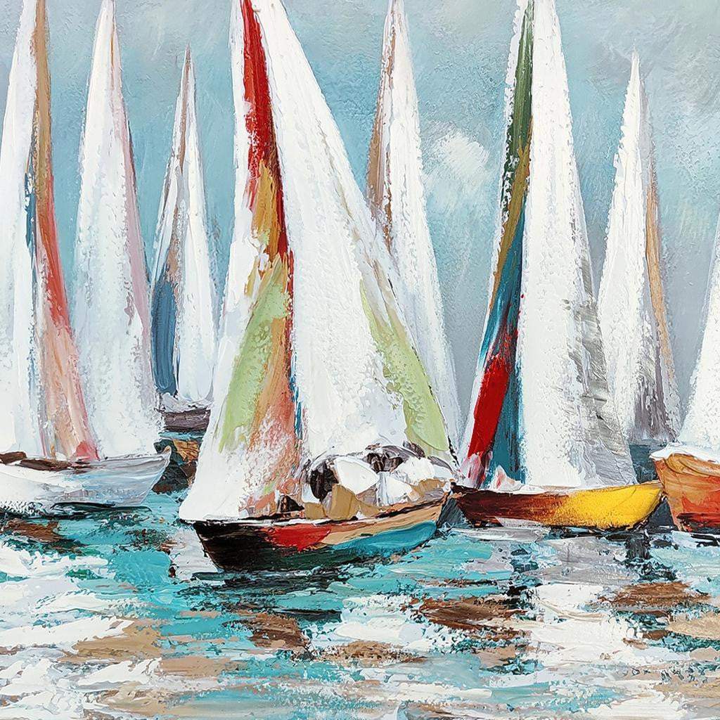 Colorful Sailboat Regatta Hand Painted White Floater Frame Wall Art - HomeRoots - Flyclothing LLC
