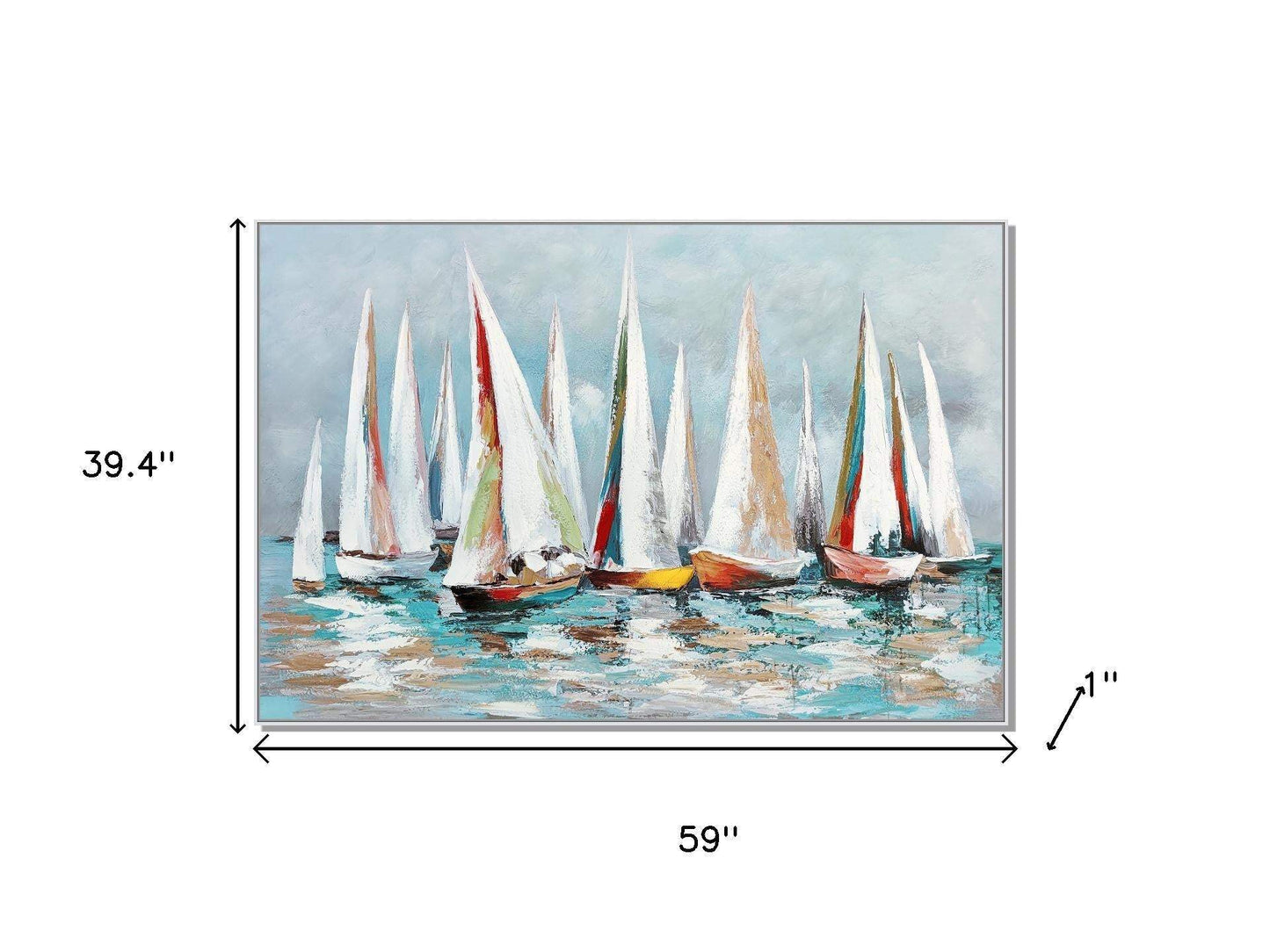 Colorful Sailboat Regatta Hand Painted White Floater Frame Wall Art - HomeRoots - Flyclothing LLC
