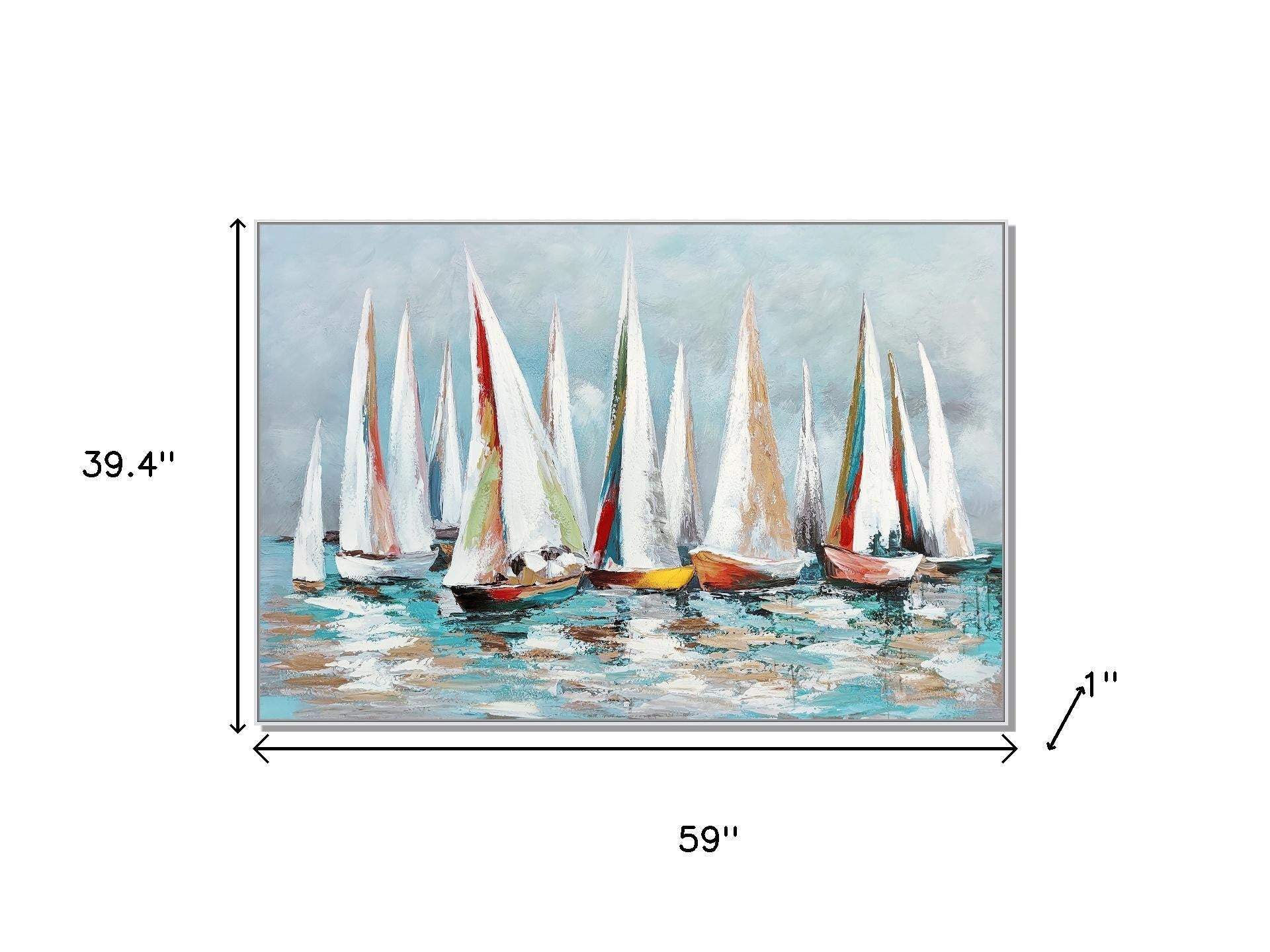 Colorful Sailboat Regatta Hand Painted White Floater Frame Wall Art - HomeRoots - Flyclothing LLC
