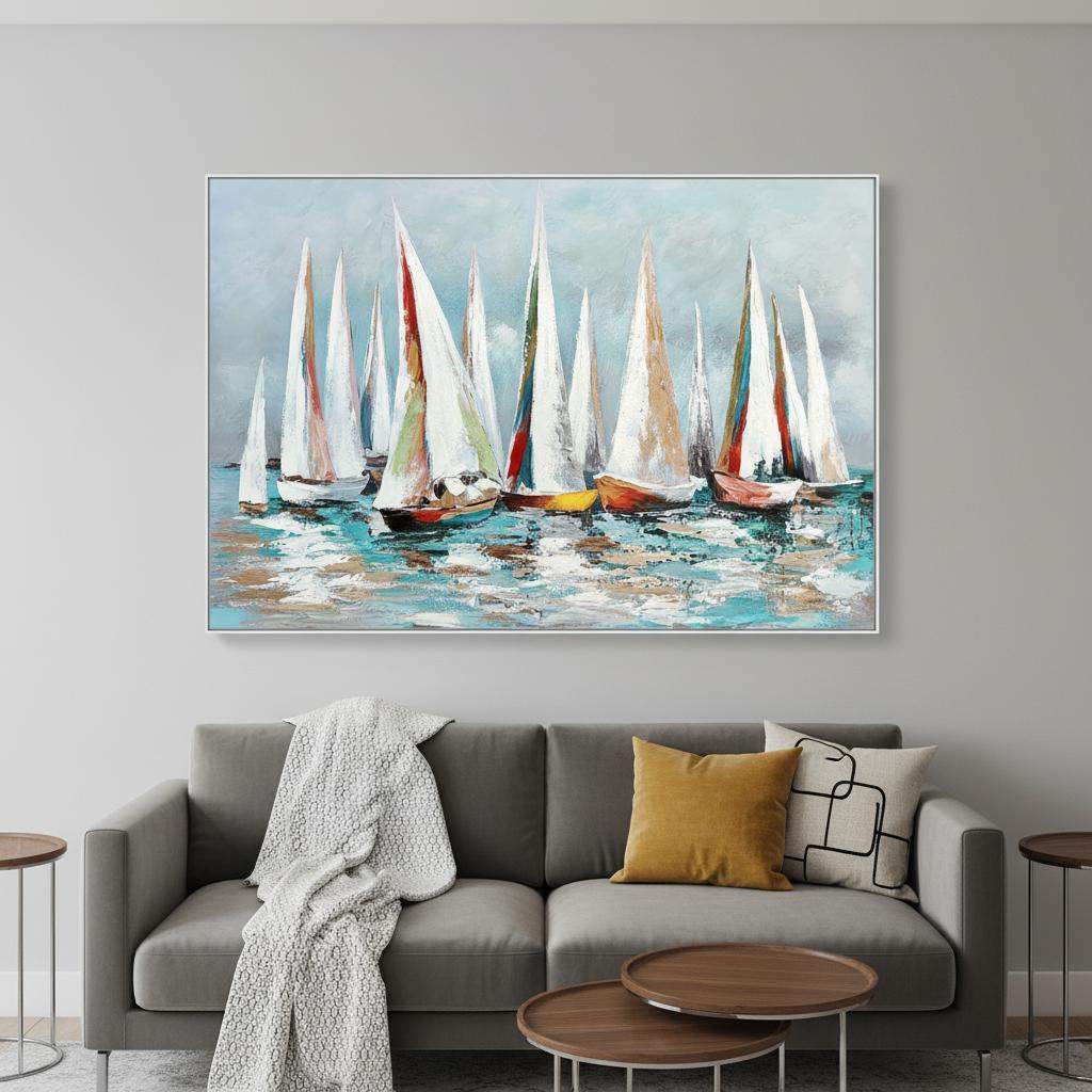 Colorful Sailboat Regatta Hand Painted White Floater Frame Wall Art - HomeRoots - Flyclothing LLC