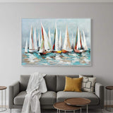 Colorful Sailboat Regatta Hand Painted White Floater Frame Wall Art - HomeRoots - Flyclothing LLC