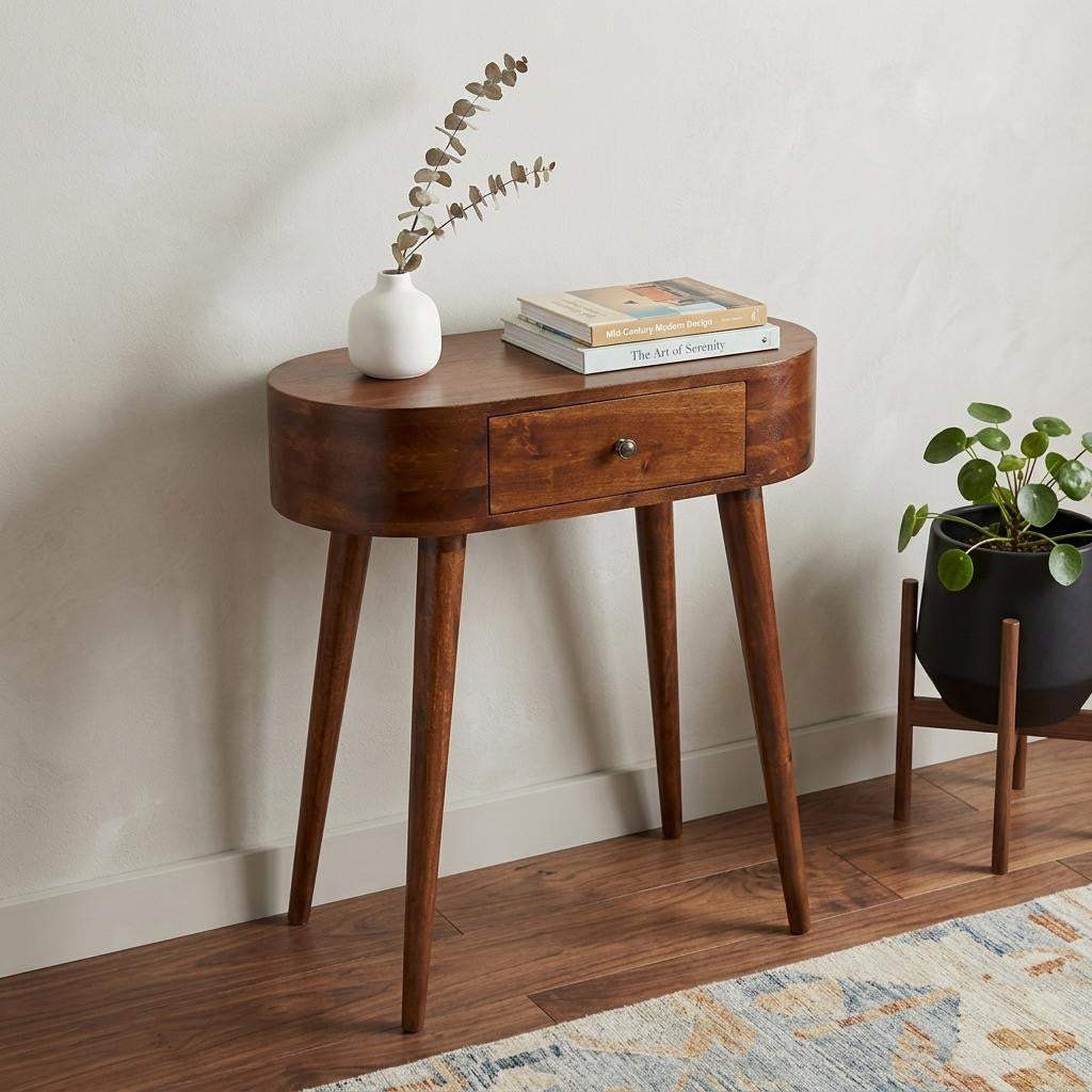 24" Chestnut Solid Wood Oval Console Table With Drawer - HomeRoots - Flyclothing LLC