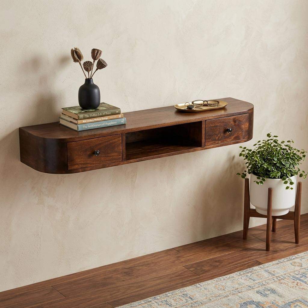 43" Chestnut Solid Wood Floating Console Table With Shelf And Two Drawers - HomeRoots - Flyclothing LLC