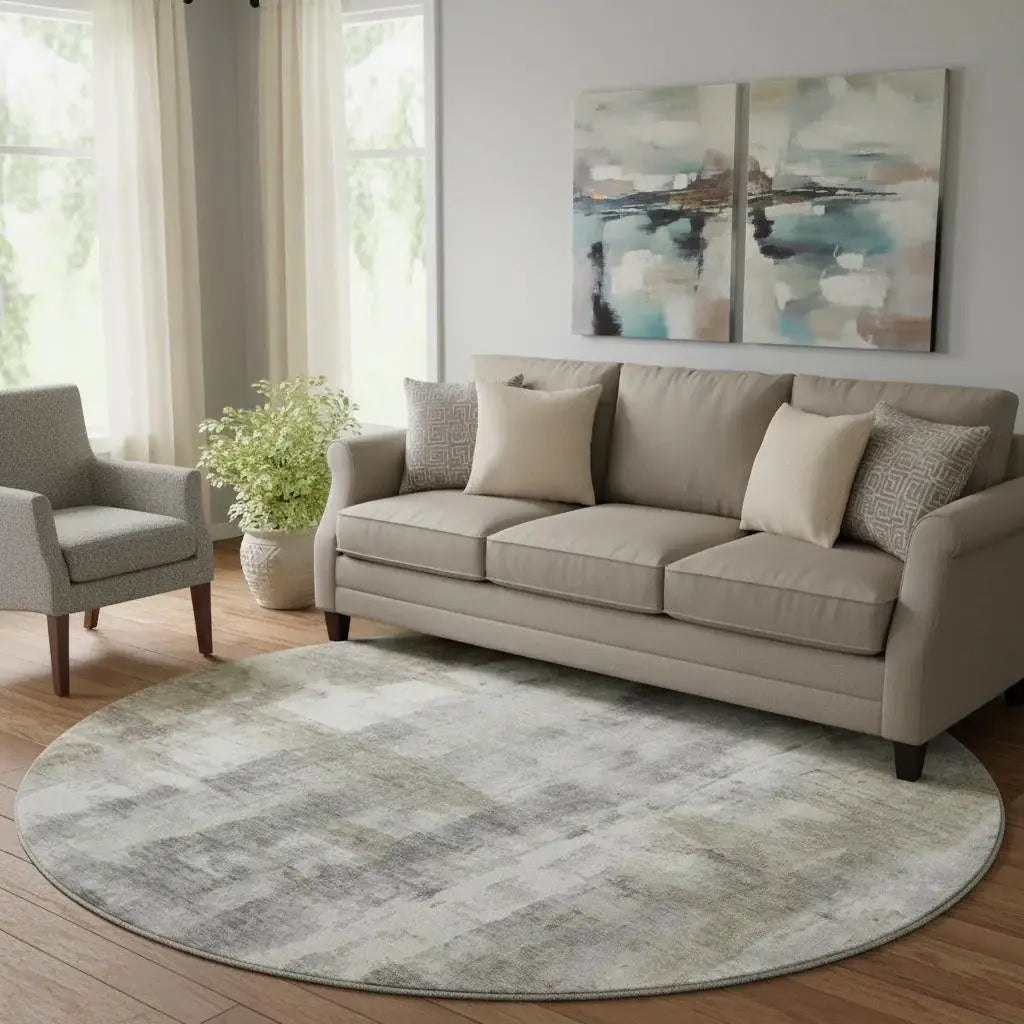 8' Beige Gray And Ivory Abstract Washable Round Rug With UV Protection - Homeroots - Flyclothing LLC
