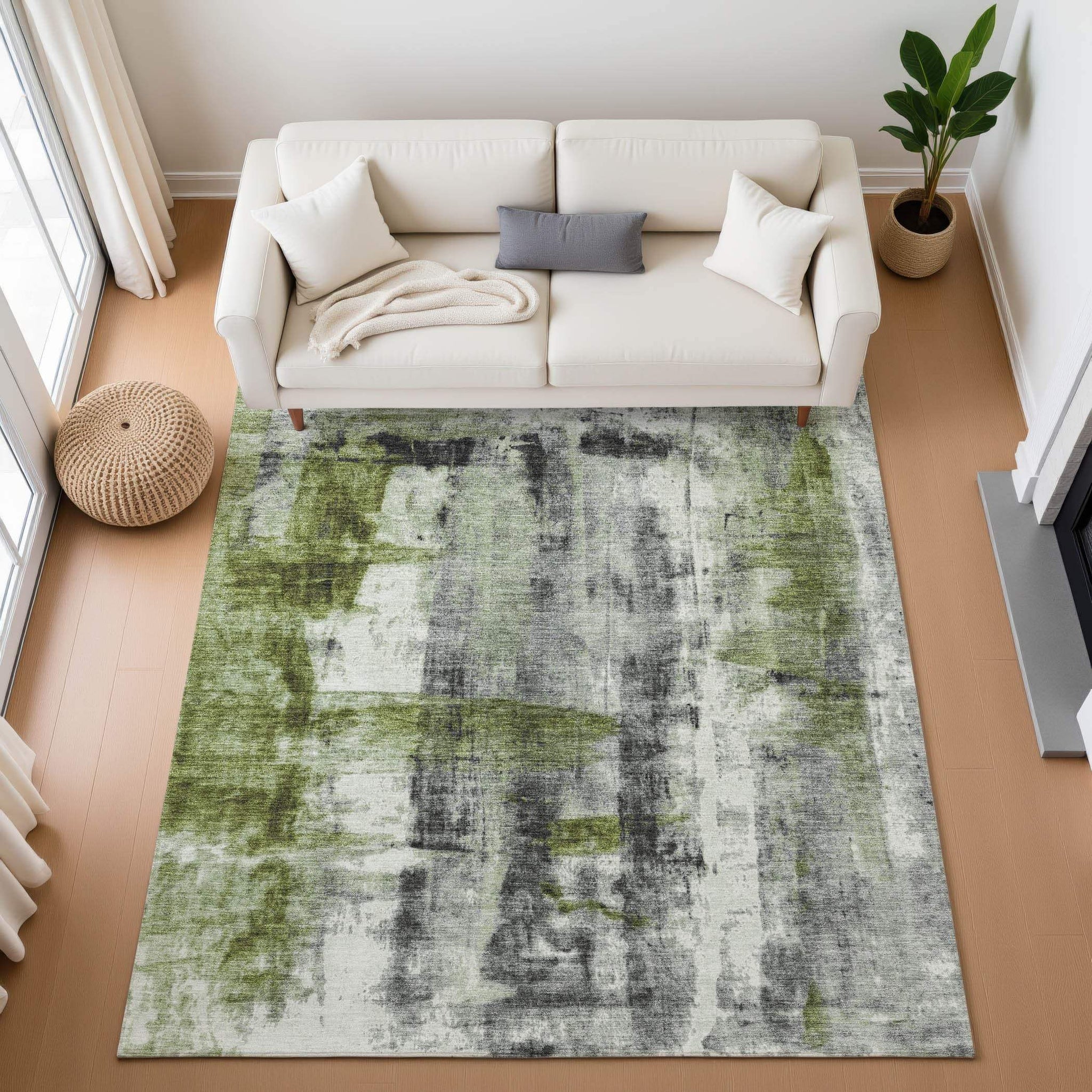 3' X 5' Olive Green Charcoal And Ivory Abstract Washable Area Rug With UV Protection - Homeroots - Flyclothing LLC