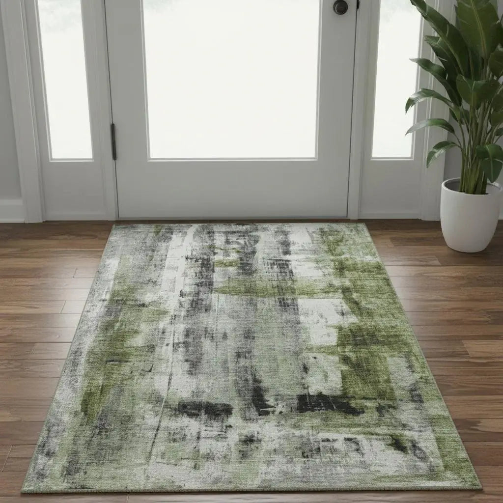 3' X 5' Olive Green Charcoal And Ivory Abstract Washable Area Rug With UV Protection - Homeroots - Flyclothing LLC