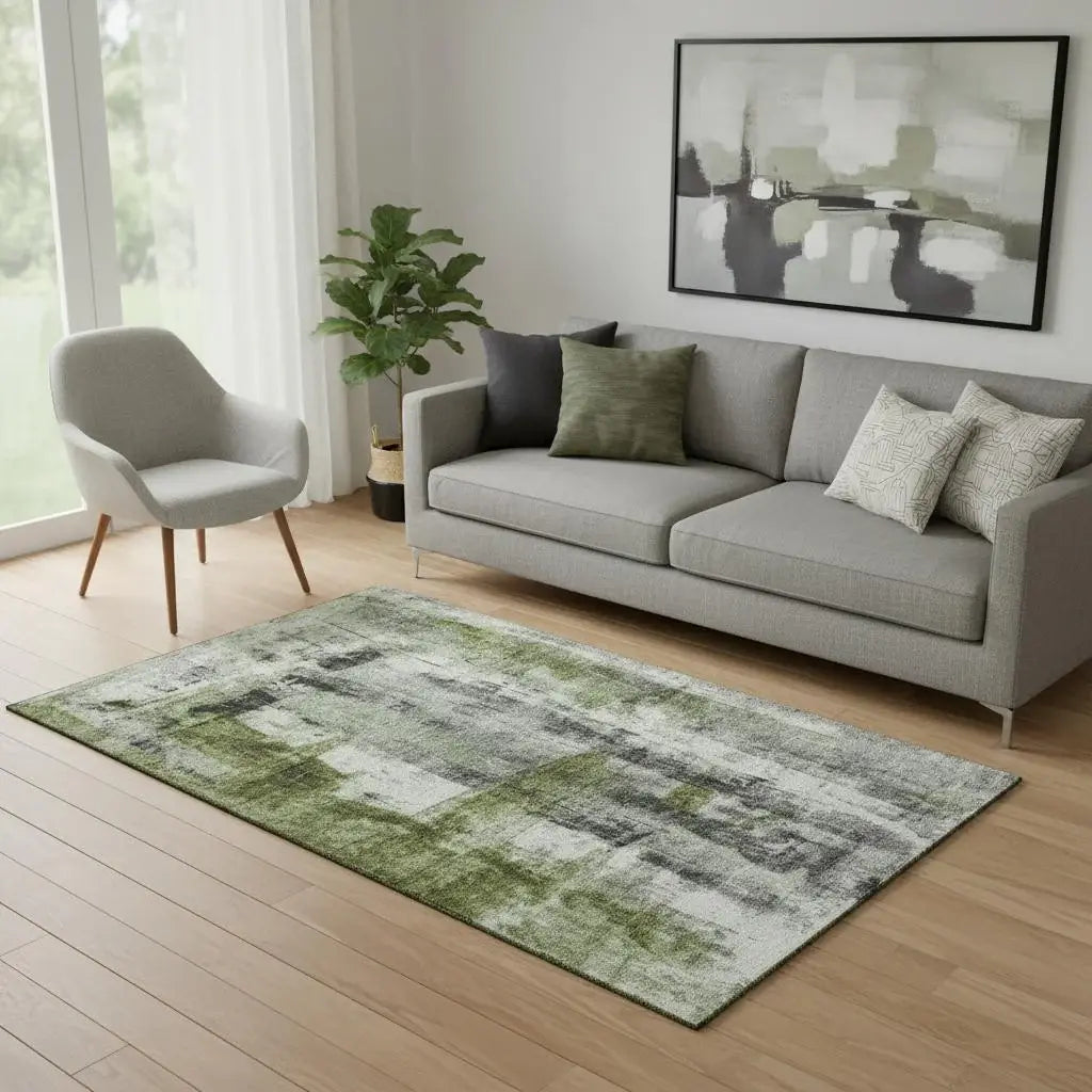 5' X 8' Olive Green Charcoal And Ivory Abstract Washable Area Rug With UV Protection - Homeroots - Flyclothing LLC