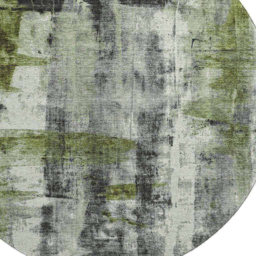 8' Olive Green Charcoal And Ivory Abstract Washable Round Rug With UV Protection - Homeroots - Flyclothing LLC