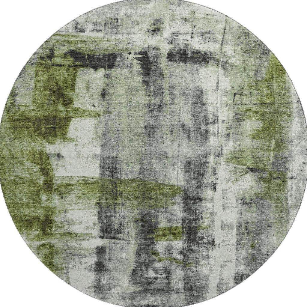 8' Olive Green Charcoal And Ivory Abstract Washable Round Rug With UV Protection - Homeroots - Flyclothing LLC